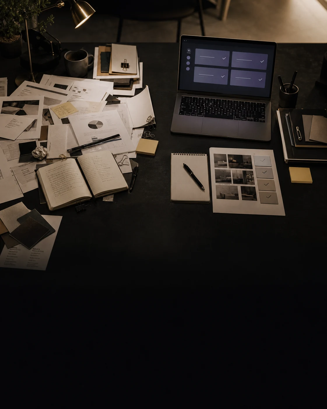 A professional desk transforming from scattered notes into an organised AI-assisted workspace