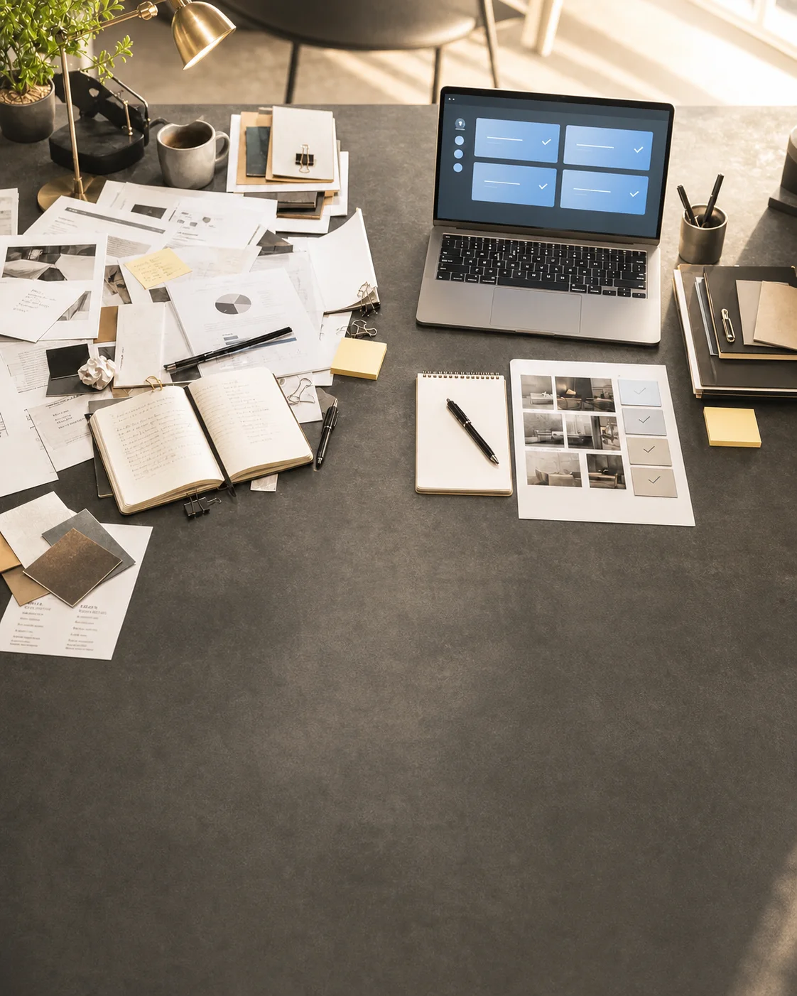 A professional desk transforming from scattered notes into an organised AI-assisted workspace